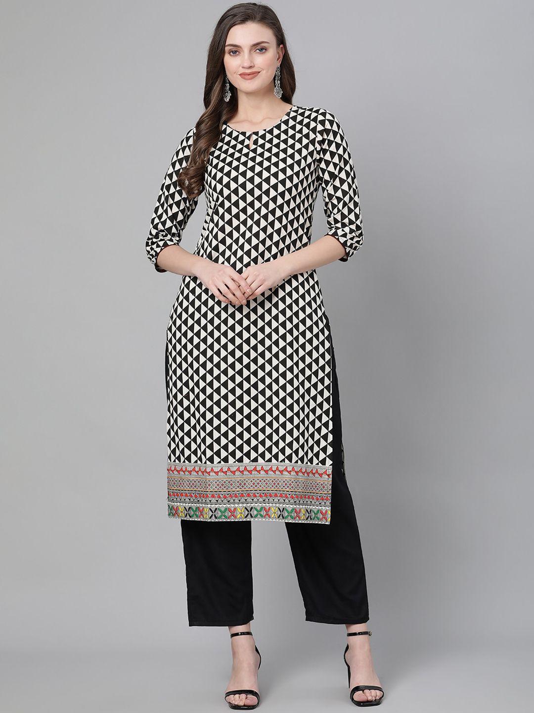 indo era women black & white geometric printed straight kurta