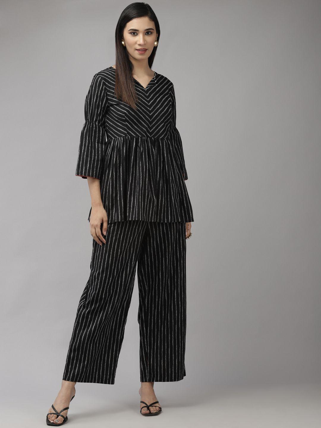 indo era women black & white striped a-line tunic with trouser set
