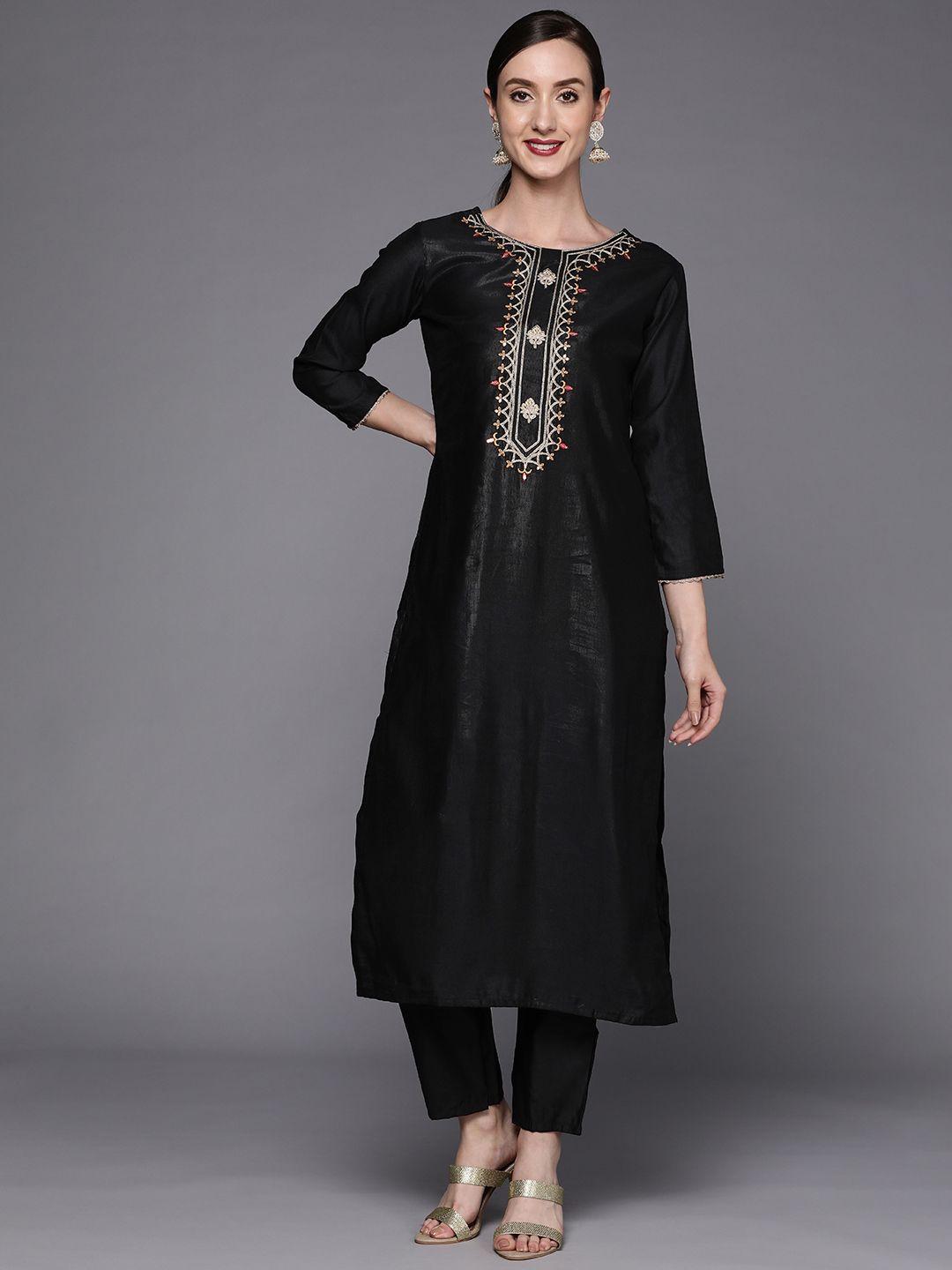 indo era women black ethnic motifs embroidered sequinned kurta with trousers