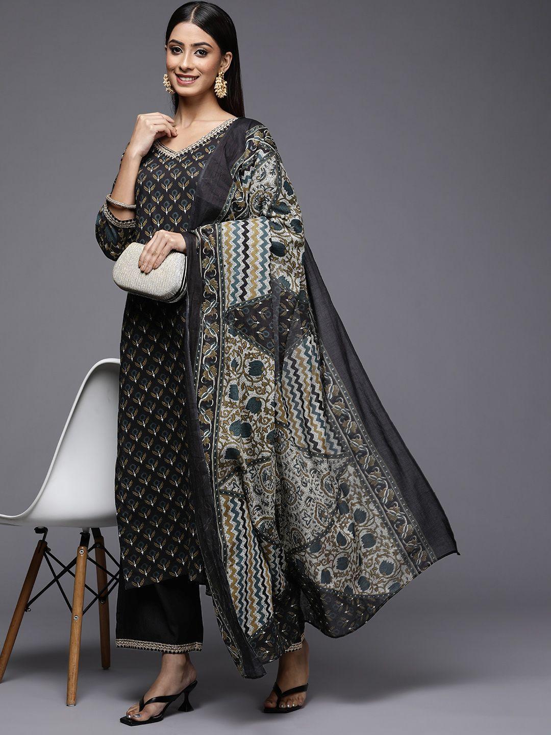 indo era women black ethnic motifs printed gotta patti pure cotton kurta with palazzos & with dupatta