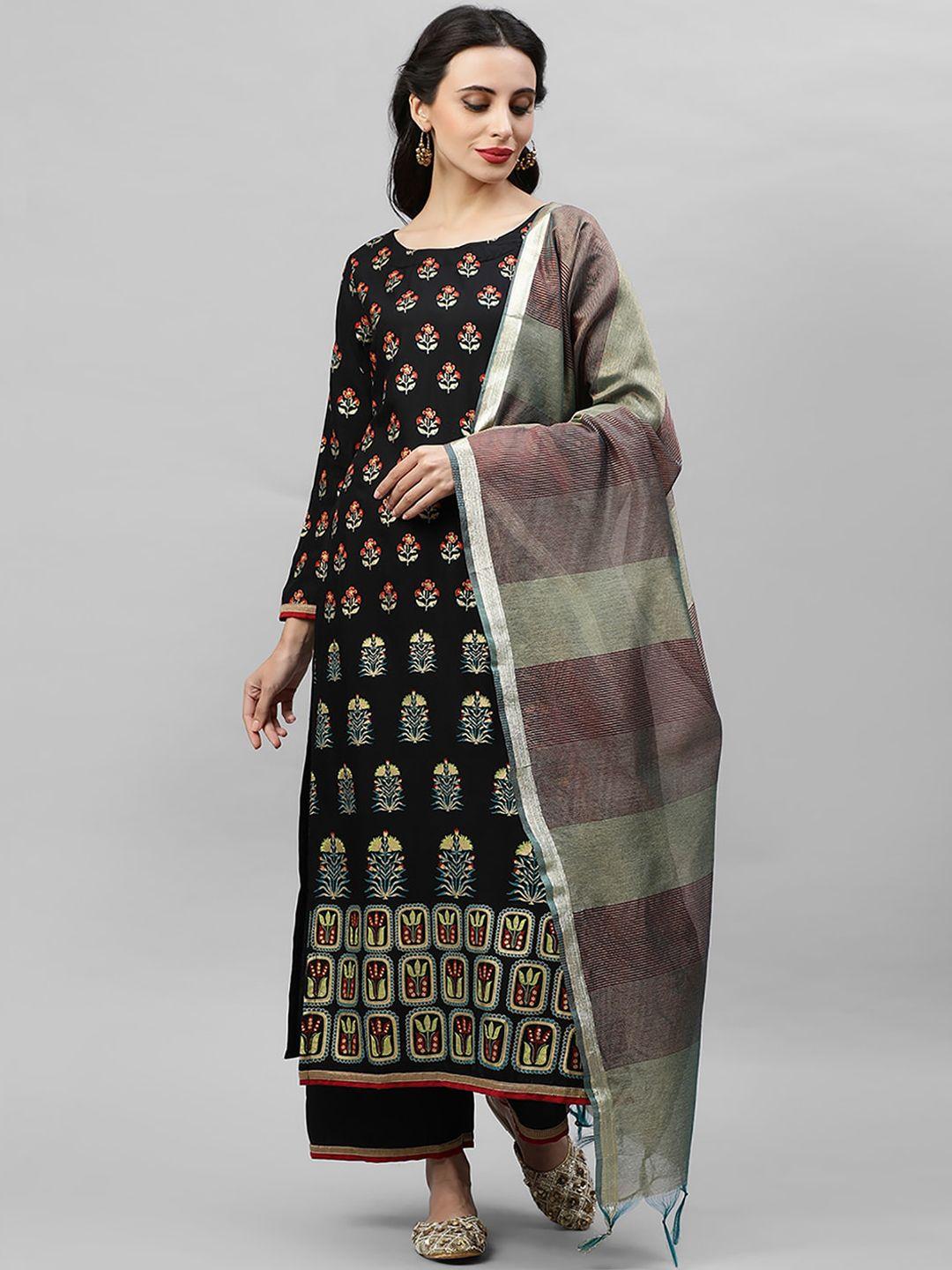 indo era women black ethnic motifs printed liva kurta with trousers & with dupatta