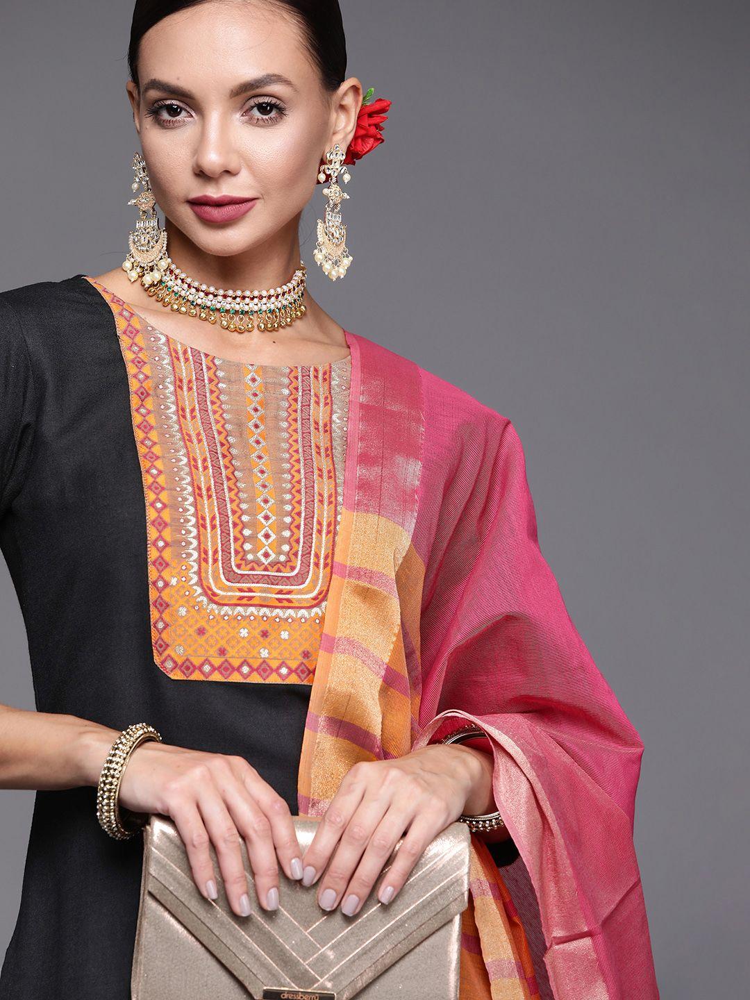 indo era women black ethnic motifs yoke design kurta with palazzos & with dupatta