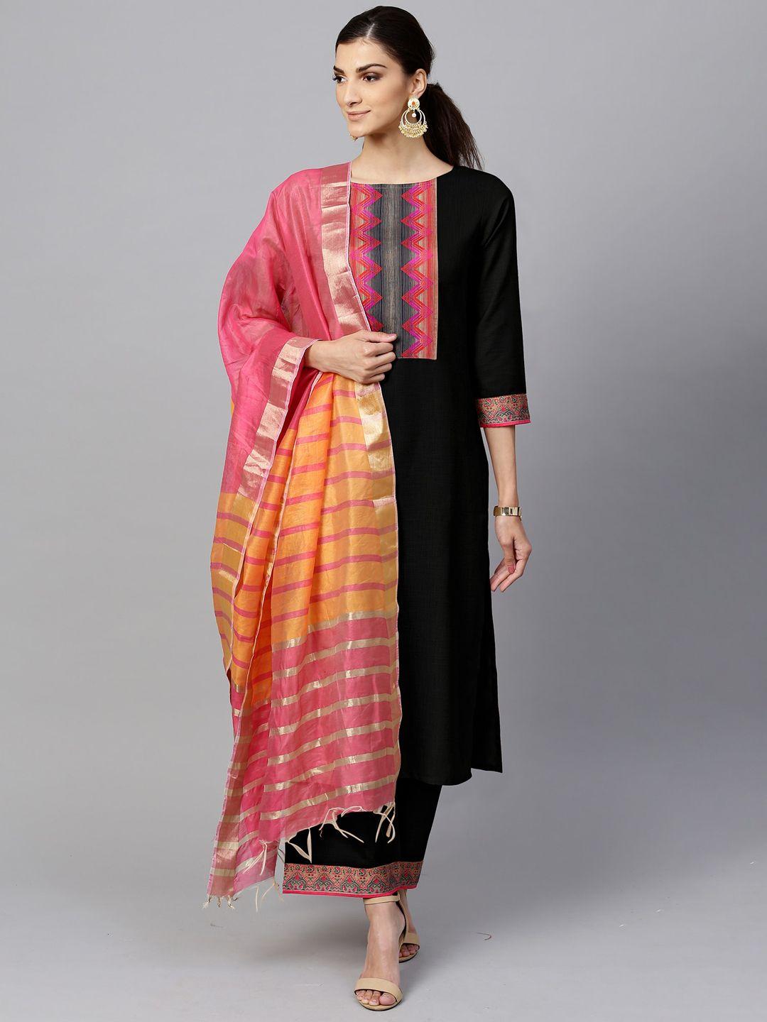 indo era women black ethnic motifs yoke design pure cotton kurta with palazzos & with dupatta