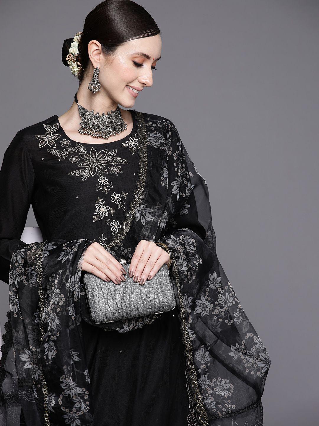indo era women black floral embroidered beads kurta with trousers & dupatta