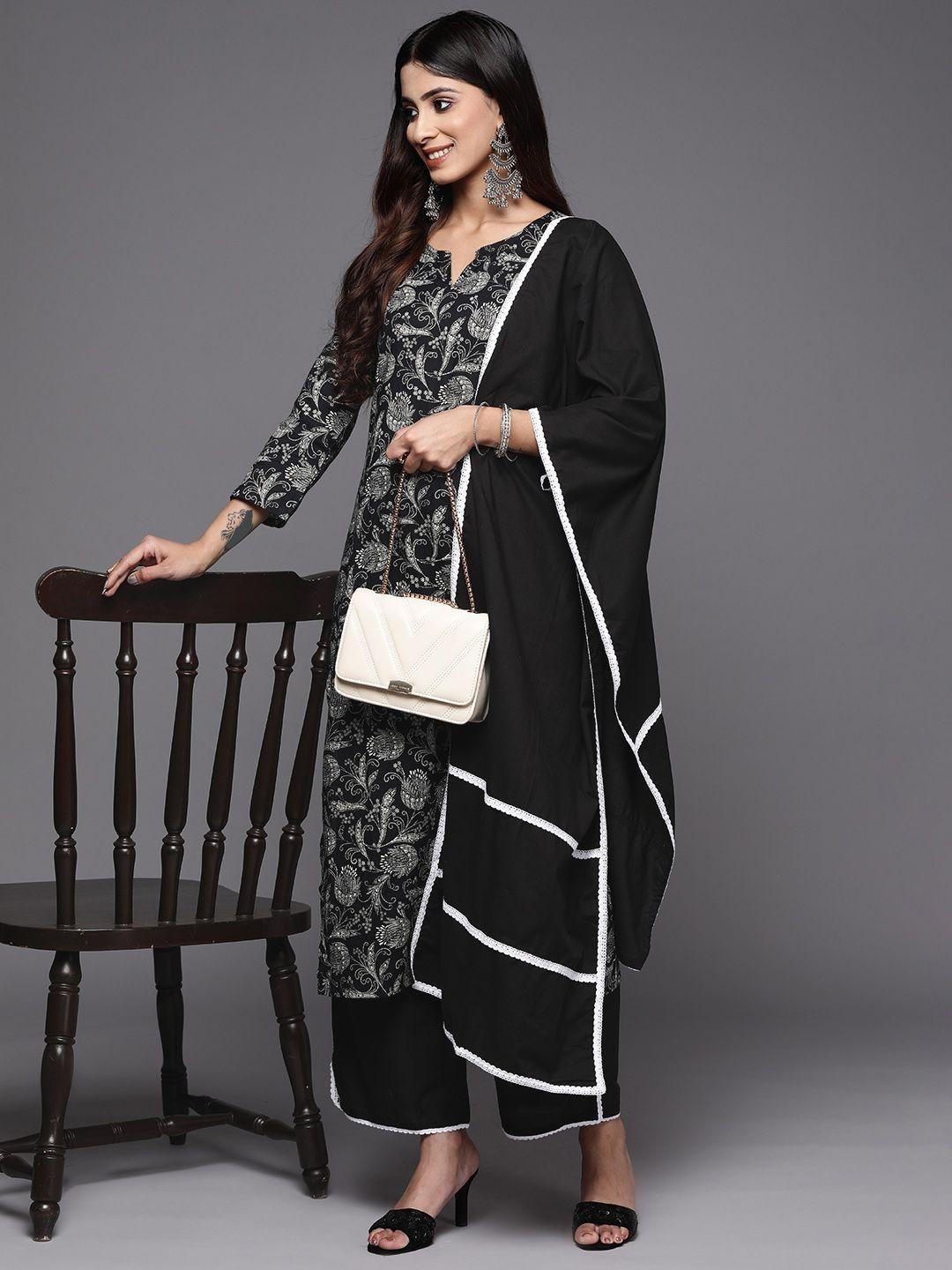 indo era women black floral printed kurta with trousers & with dupatta