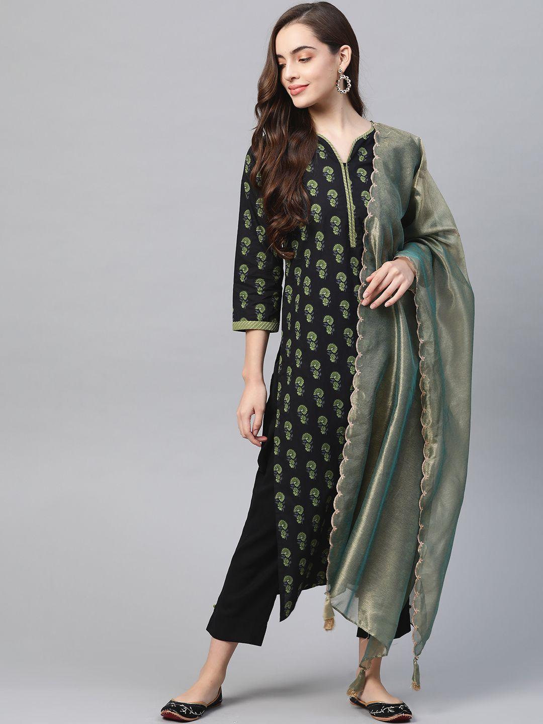 indo era women black floral printed pure cotton kurta with trousers & with dupatta