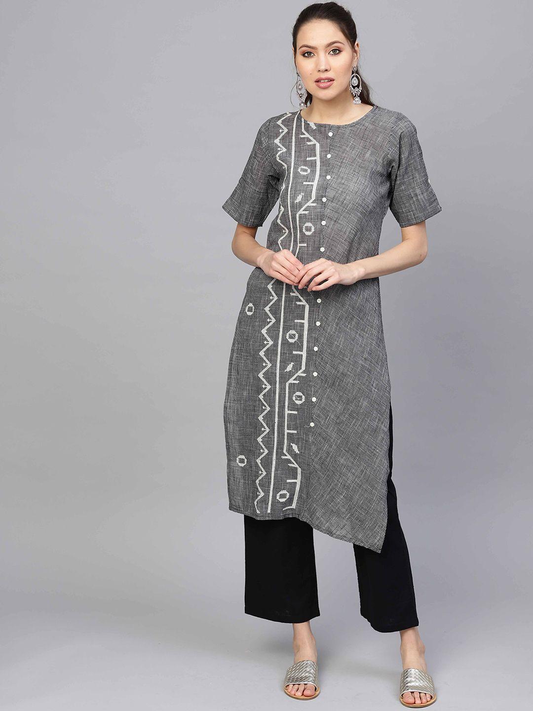 indo era women black geometric embroidered straight cotton kurta