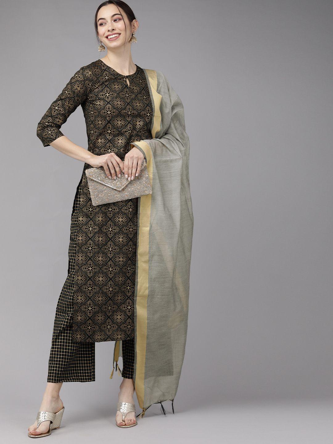 indo era women black printed kurta with palazzos & dupatta