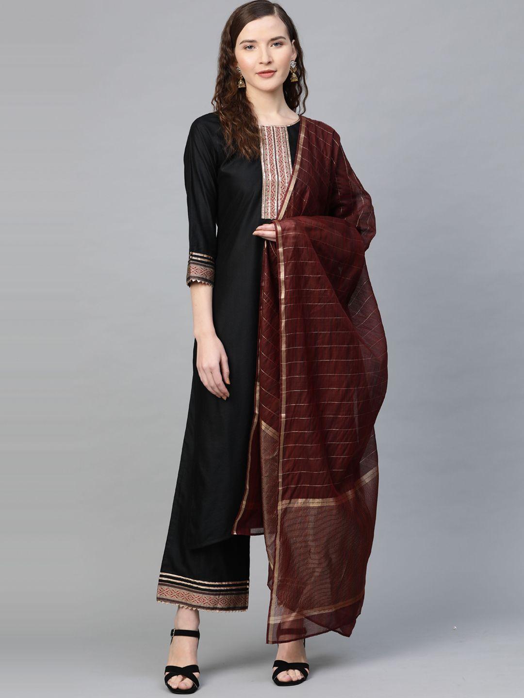 indo era women black regular patchwork kurta with palazzos & with dupatta