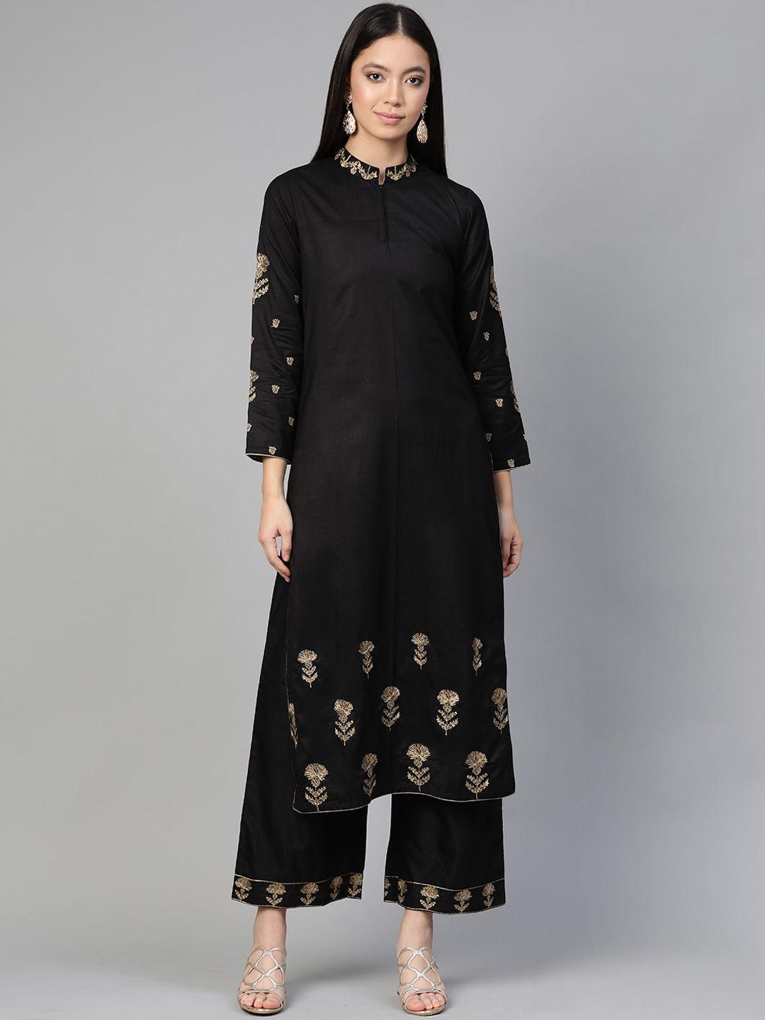 indo era women black solid & gold floral embroidered kurta with palazzos