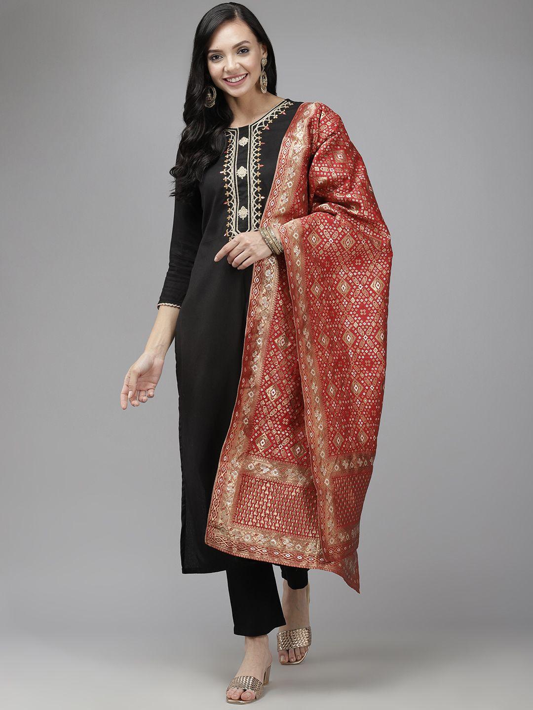 indo era women black yoke design regular sequinned kurta with trousers & dupatta