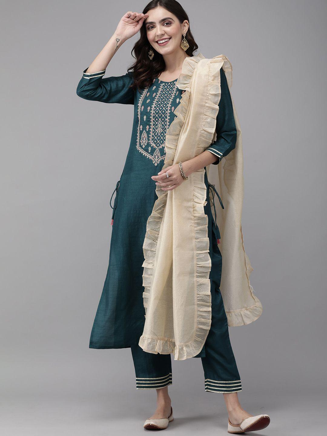 indo era women blue & beige ethnic motifs embroidered kurta with palazzos & with dupatta