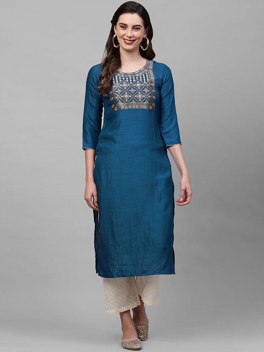 indo era women blue & gold-toned ethnic motifs yoke design thread work kurta