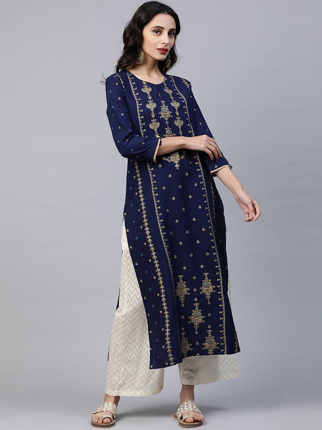 indo era women blue & gold-toned printed a-line kurta