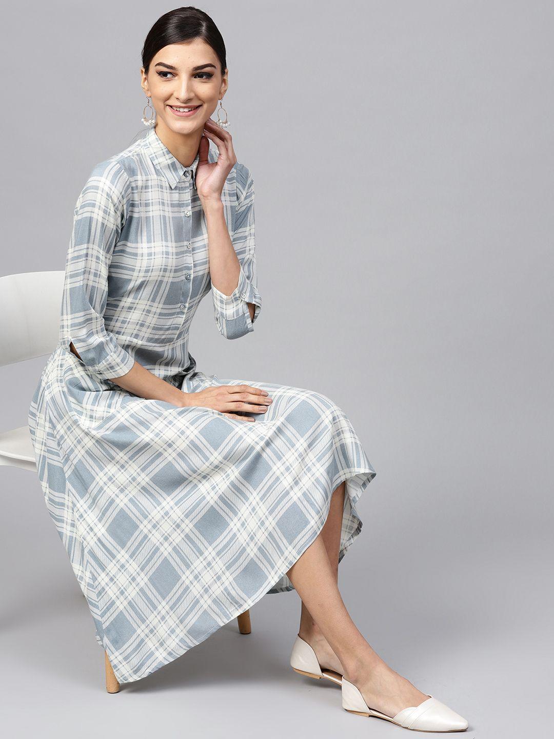 indo era women blue & off-white checked shirt dress