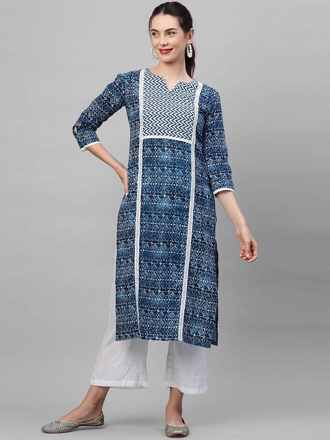 indo era women blue & white ethnic motifs yoke design kurta