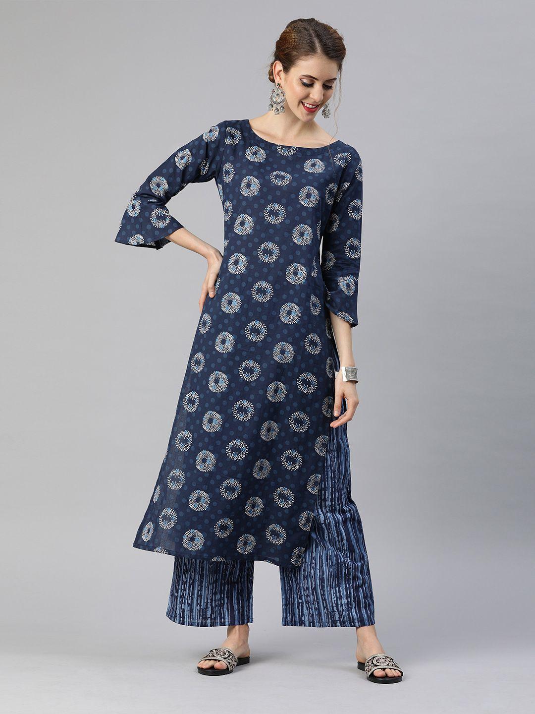 indo era women blue & white printed kurta with palazzos