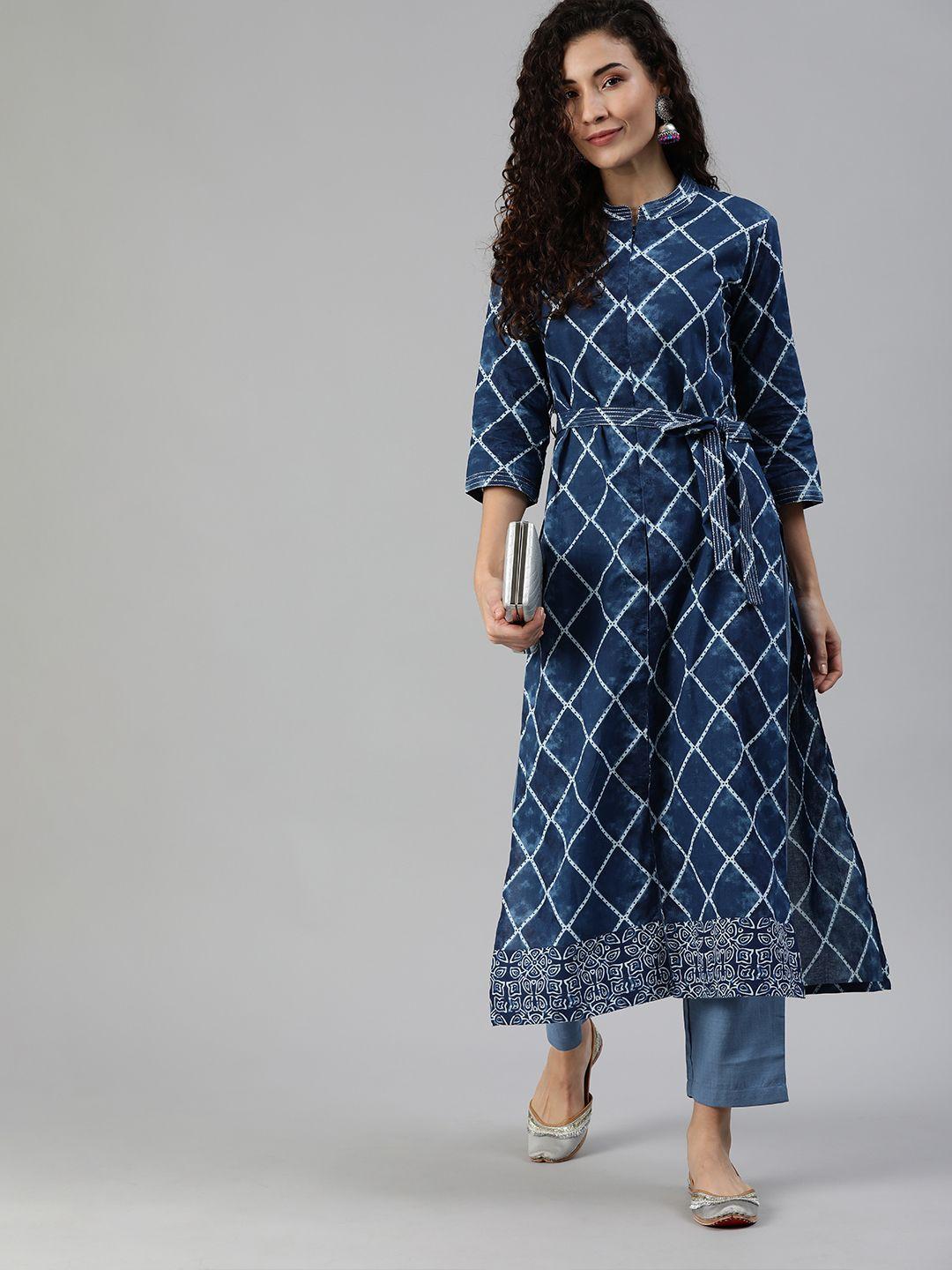 indo era women blue & white printed kurta with trousers