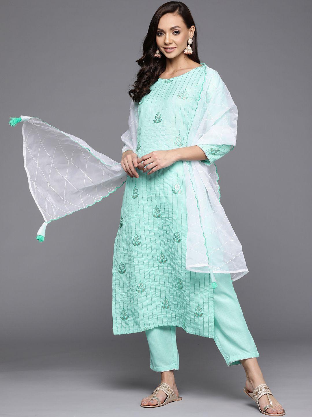 indo era women blue ethnic motifs embroidered sequinned kurta with palazzos & with dupatta