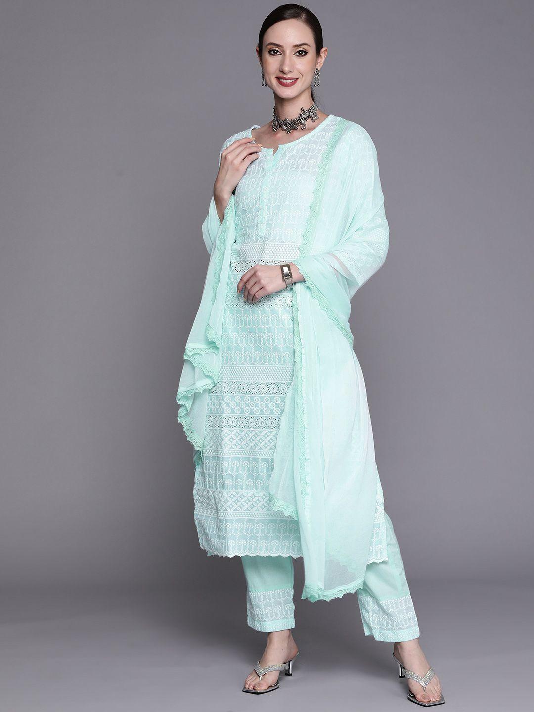 indo era women blue ethnic motifs embroidered thread work kurta with trousers & with dupatta