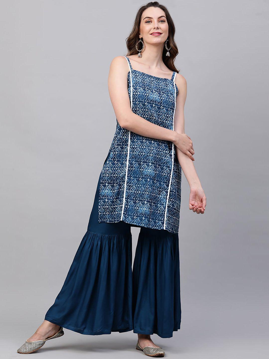 indo era women blue ethnic motifs printed pure cotton kurta with sharara