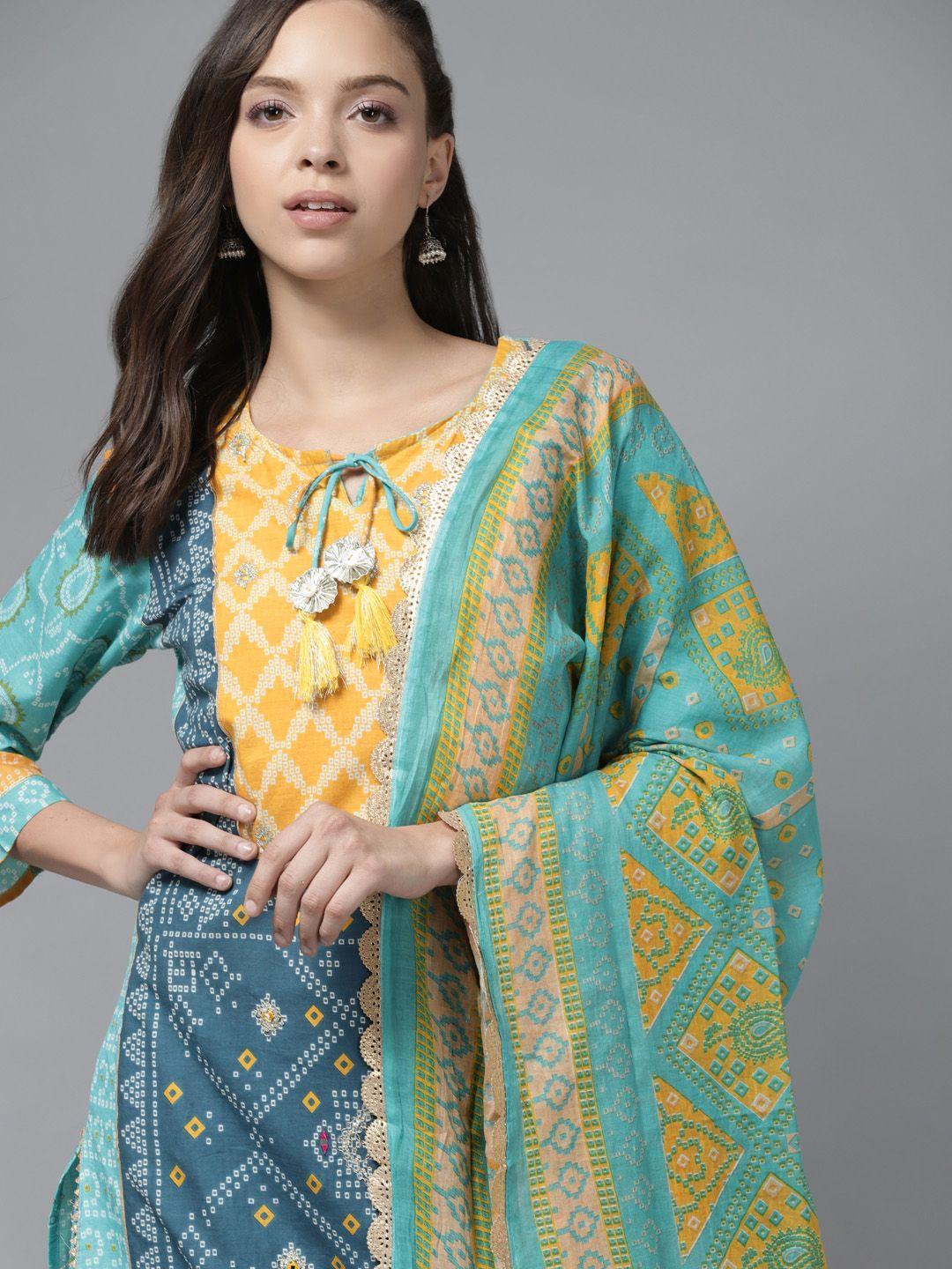 indo era women blue printed regular kurta with palazzos & with dupatta