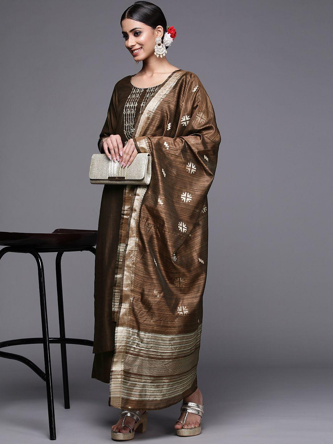 indo era women brown & gold sequined yoke design kurta with palazzos & dupatta