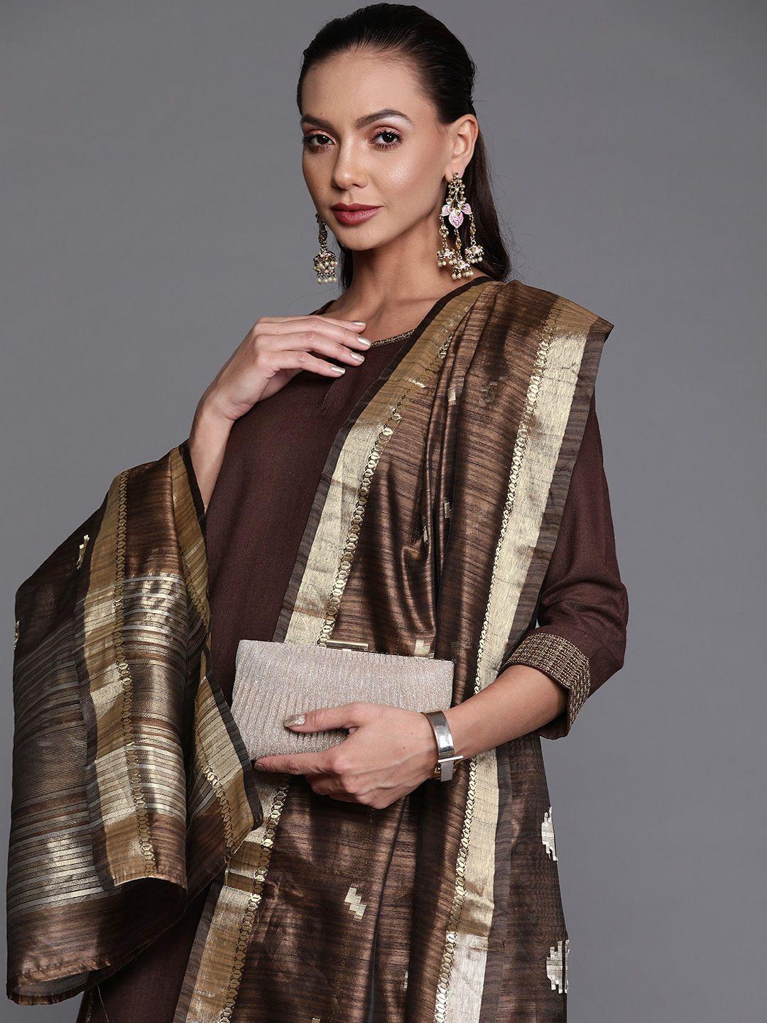 indo era women brown & gold-toned sequined kurta with palazzos & dupatta