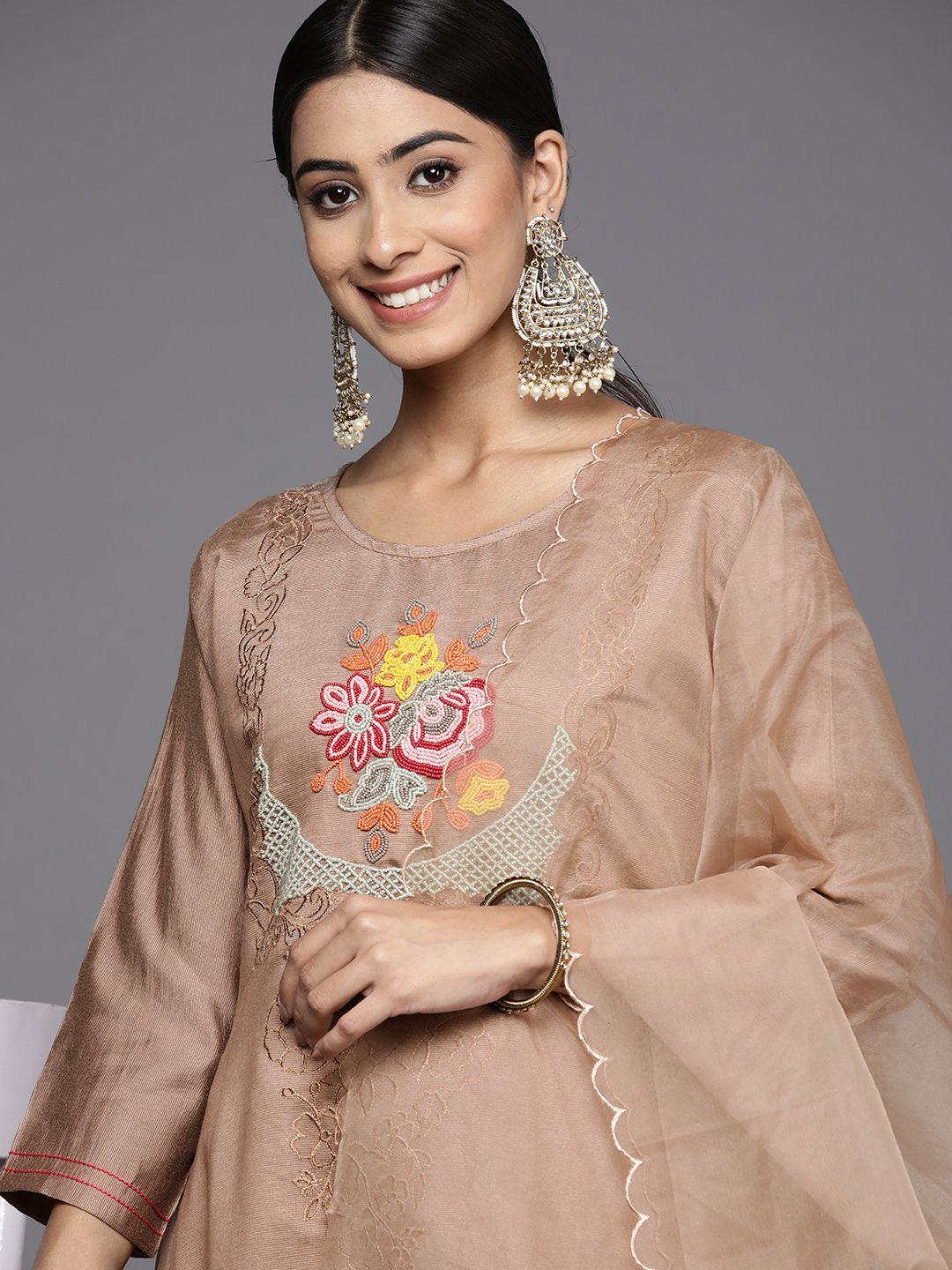 indo era women brown beaded & embroidered kurta with trousers & dupatta