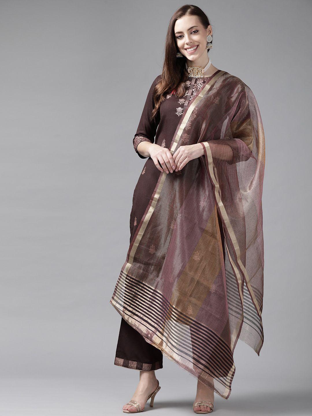 indo era women brown embroidered kurta with palazzos & dupatta