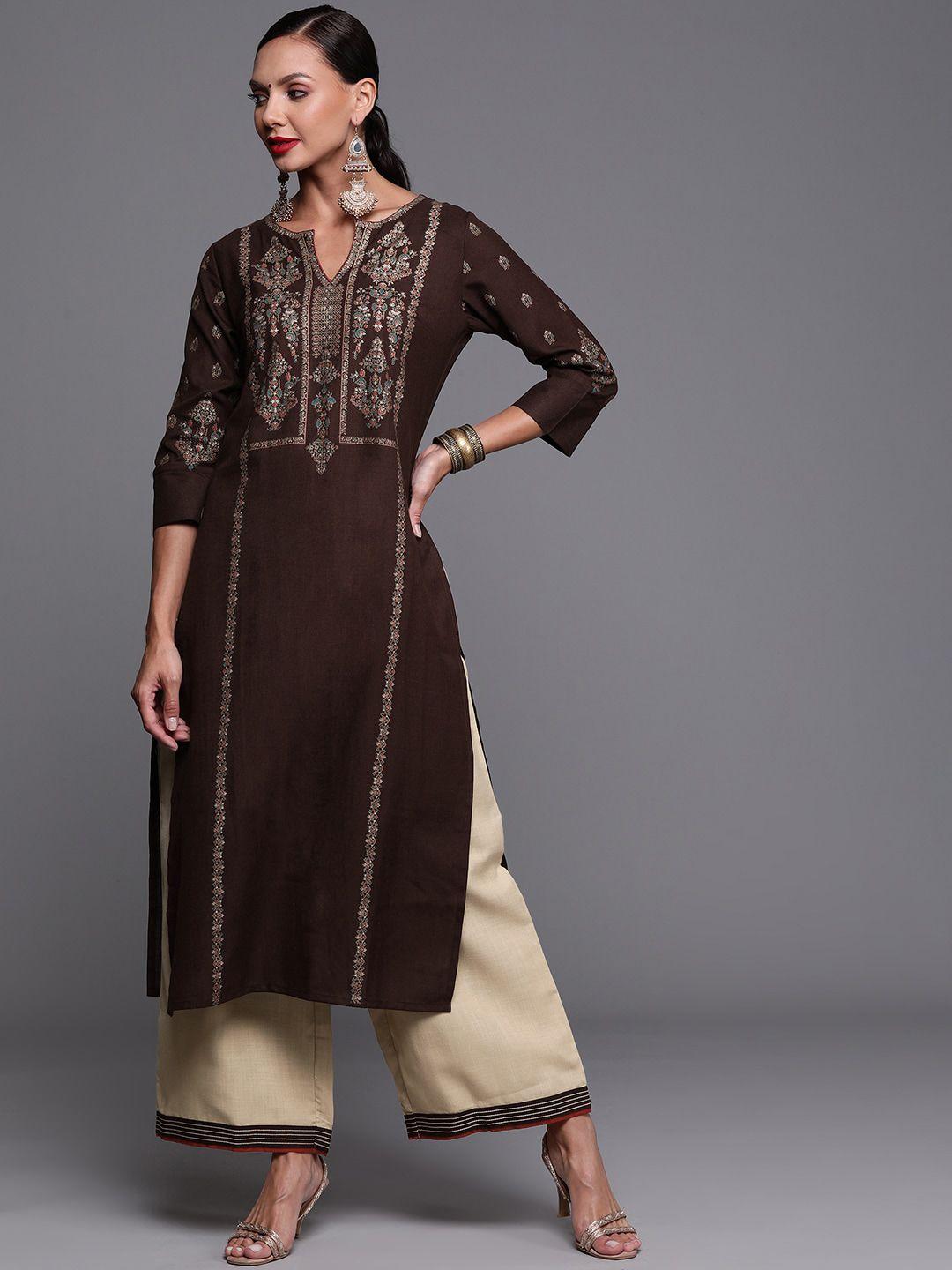 indo era women brown ethnic motifs kurta