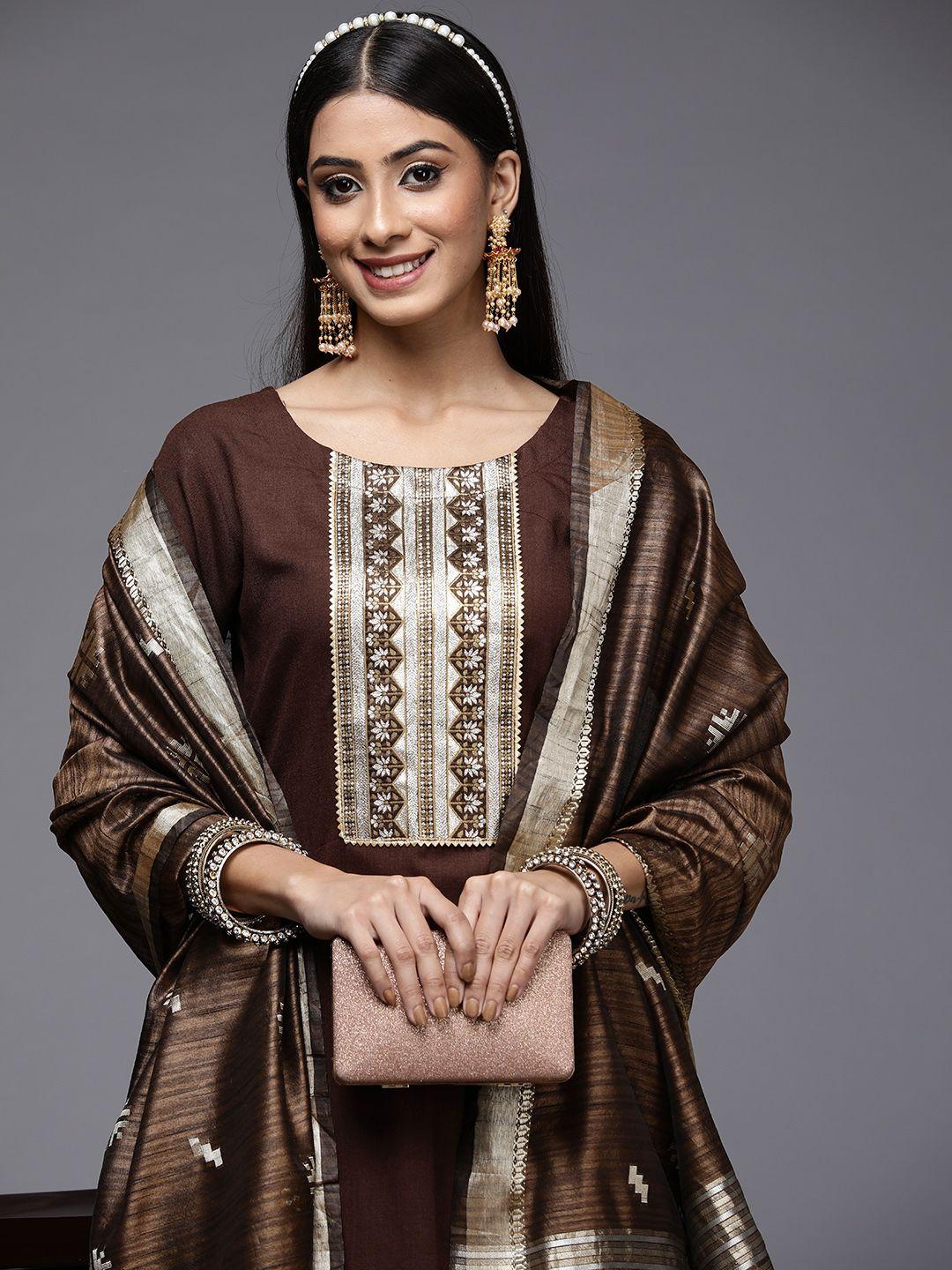 indo era women brown ethnic motifs yoke design kurta with palazzos & with dupatta