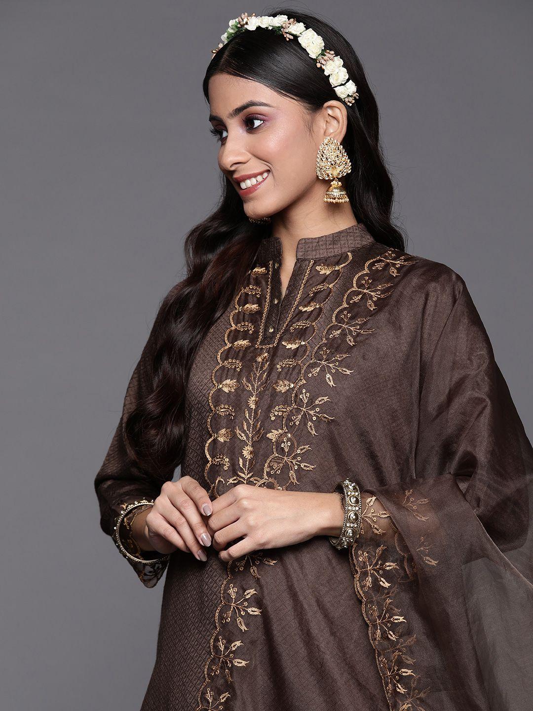 indo era women brown floral embroidered kurta with trousers & with dupatta