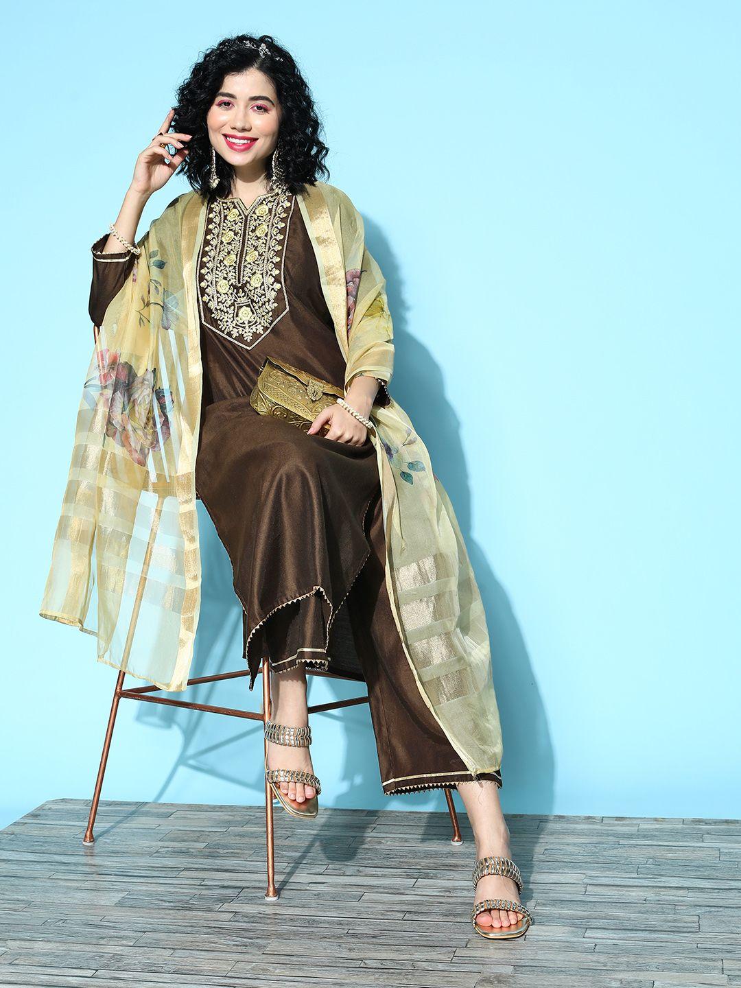 indo era women brown floral embroidered sequinned liva kurta with palazzos & with dupatta