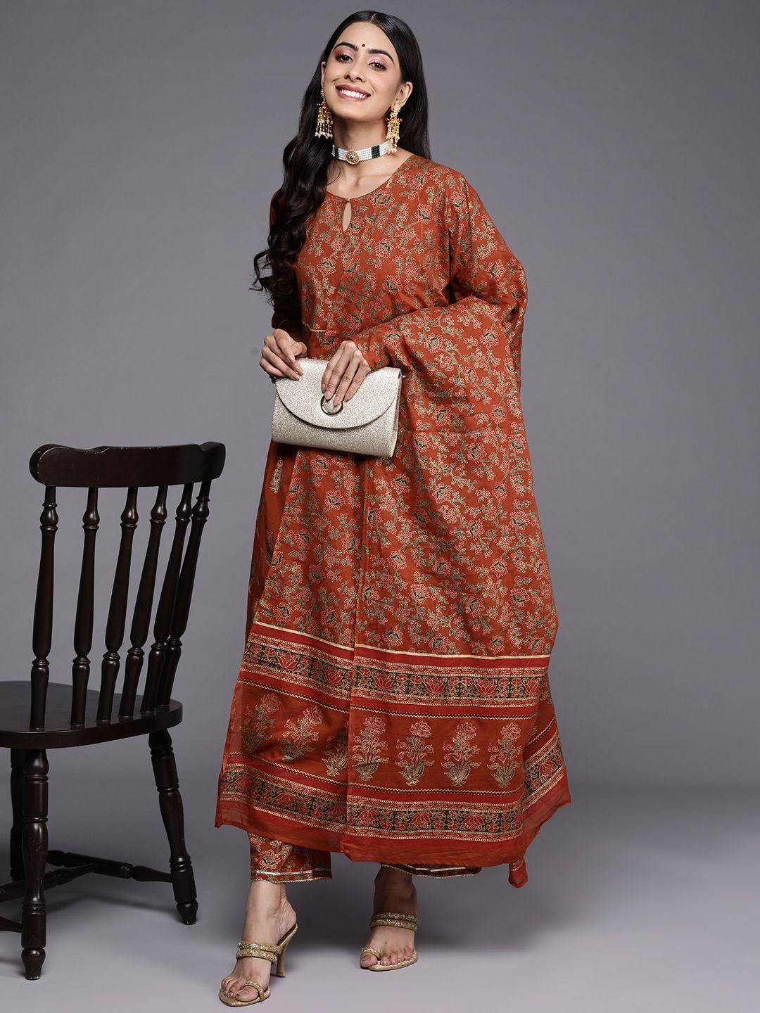 indo era women brown floral printed gotta patti liva kurta with trousers & with dupatta