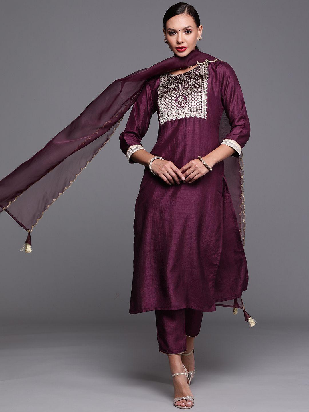 indo era women burgundy woven yoke design zari kurta with trousers & dupatta