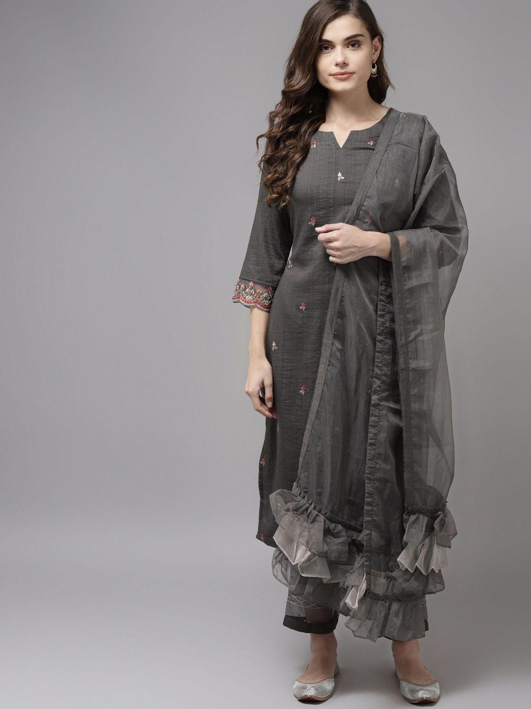 indo era women charcoal floral embroidered kurta with palazzos & with dupatta