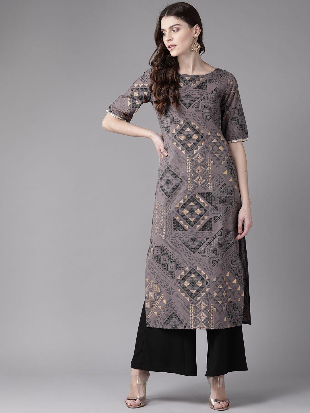 indo era women charcoal grey & golden foil print straight kurta