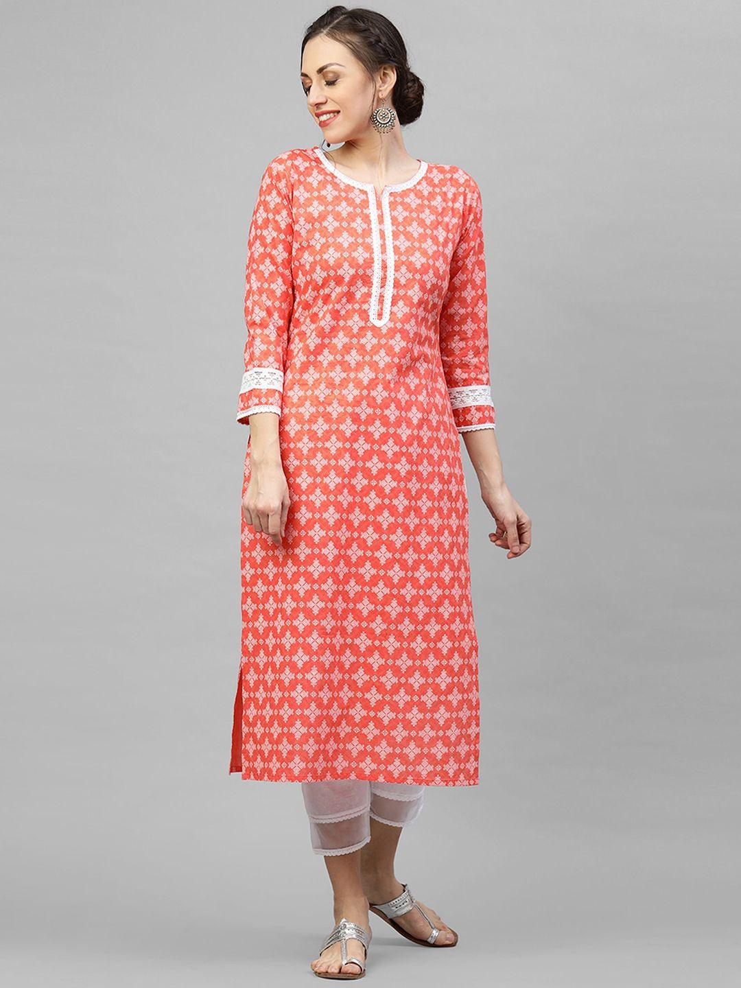 indo era women coral khari printed straight kurta with pant sets