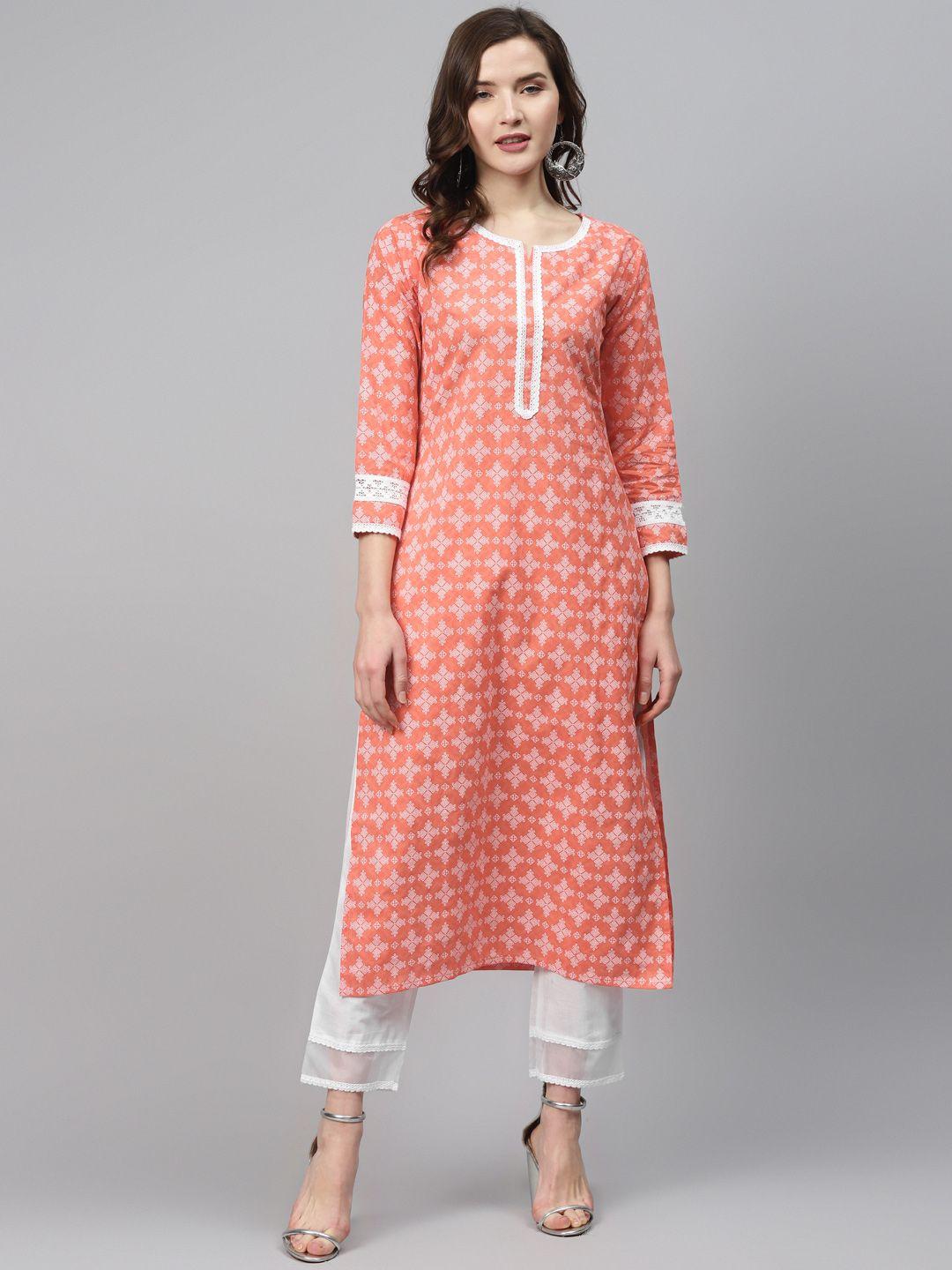 indo era women coral orange & white cotton khari print kurta with trousers