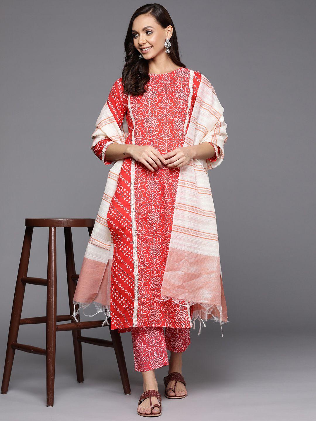 indo era women coral pink pure cotton bandhani printed kurta with palazzos & with dupatta