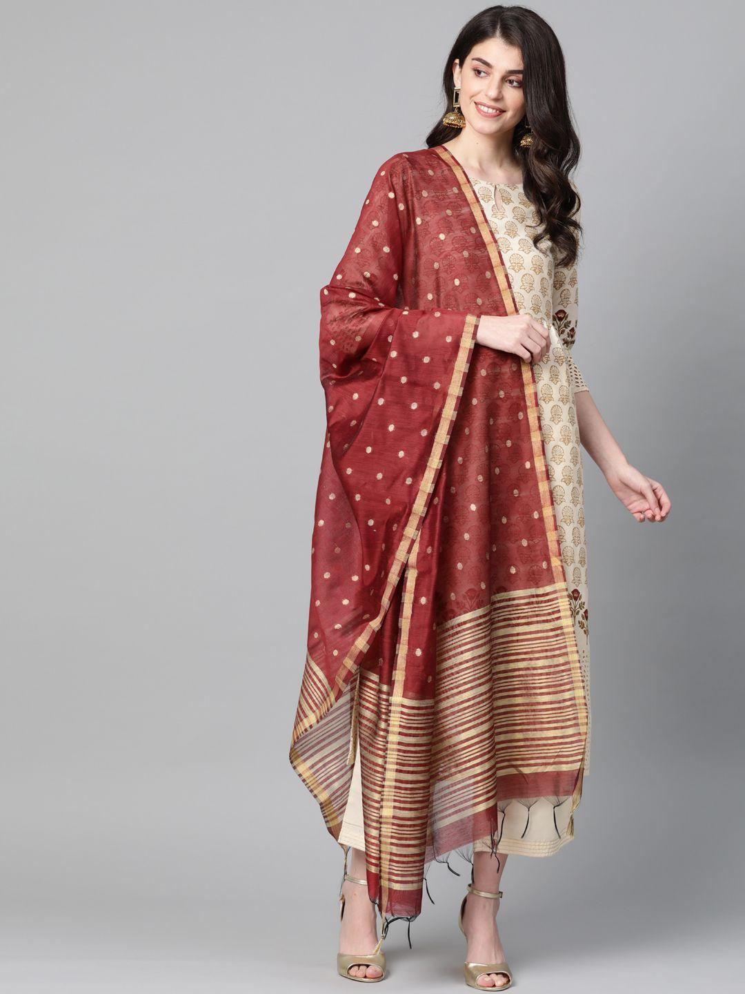 indo era women cream-coloured & maroon foil print  kurta with palazzos & dupatta