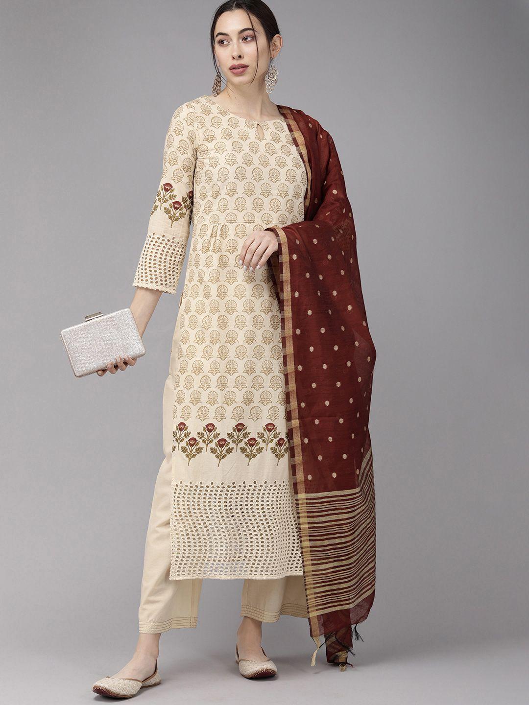 indo era women cream-coloured & maroon foil printed kurta with palazzos & dupatta
