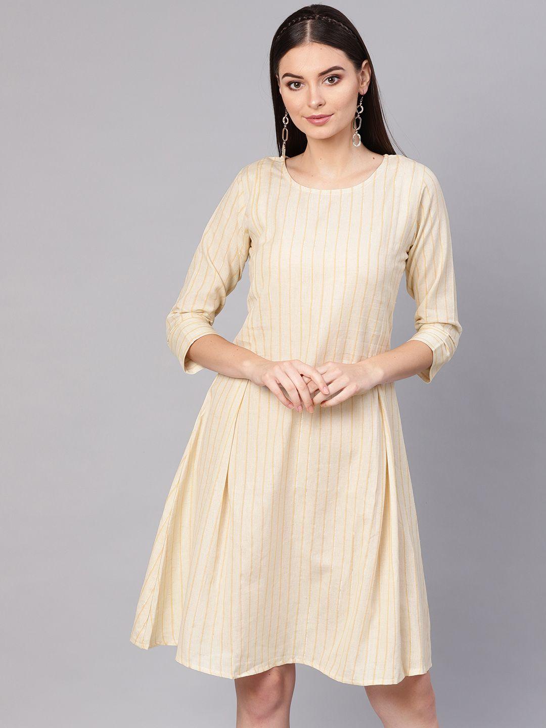 indo era women cream-coloured & yellow striped a-line dress