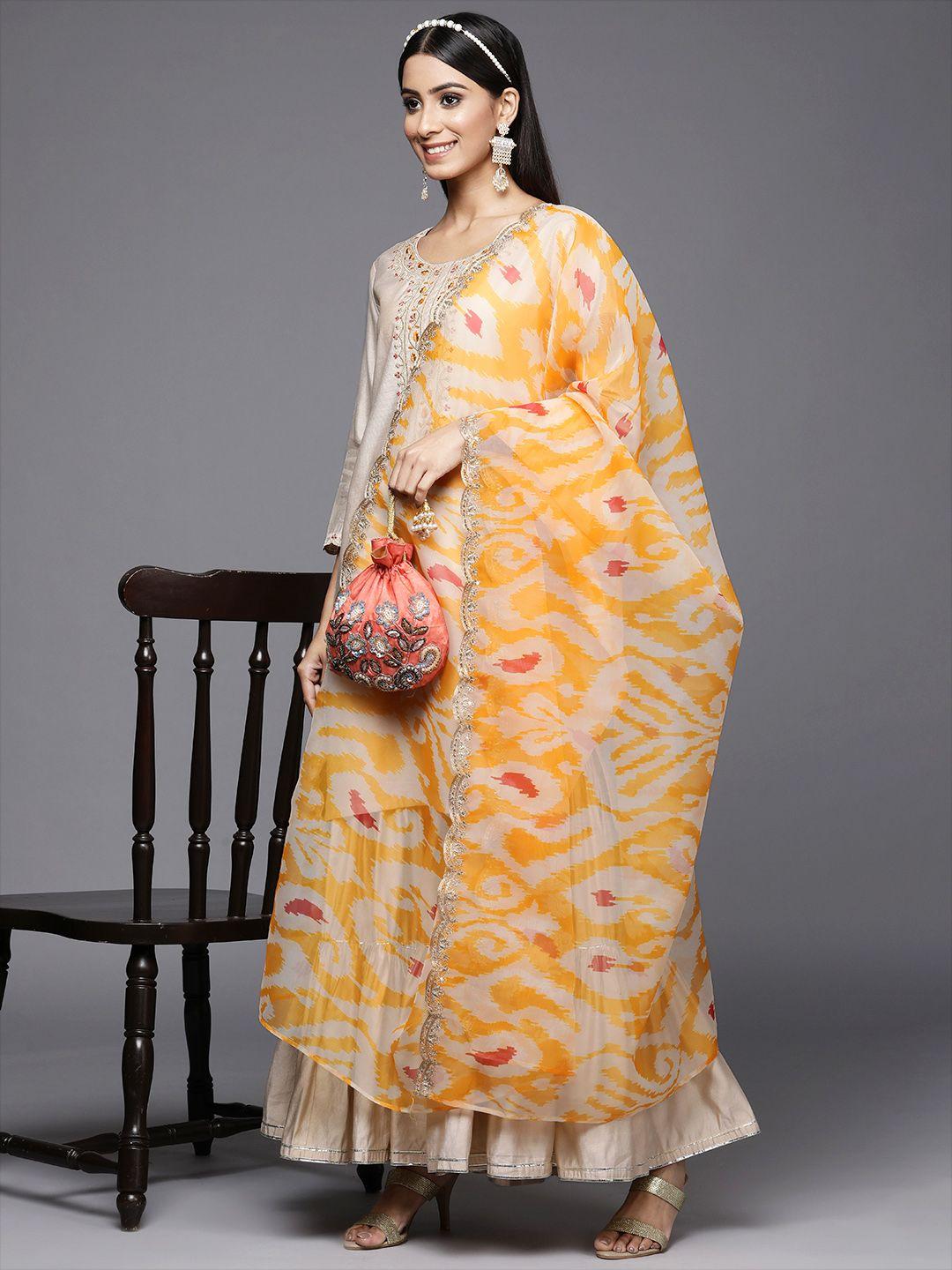 indo era women cream-coloured ethnic motifs embroidered liva kurta with sharara & with dupatta