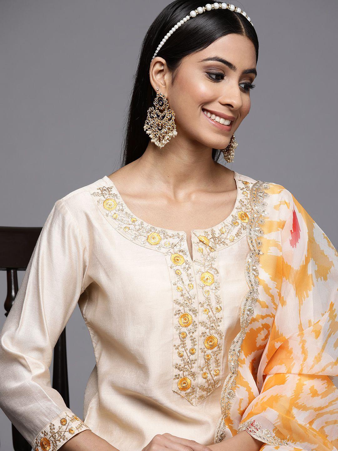 indo era women cream-coloured ethnic motifs embroidered sequinned liva kurta with trousers & with dupatta