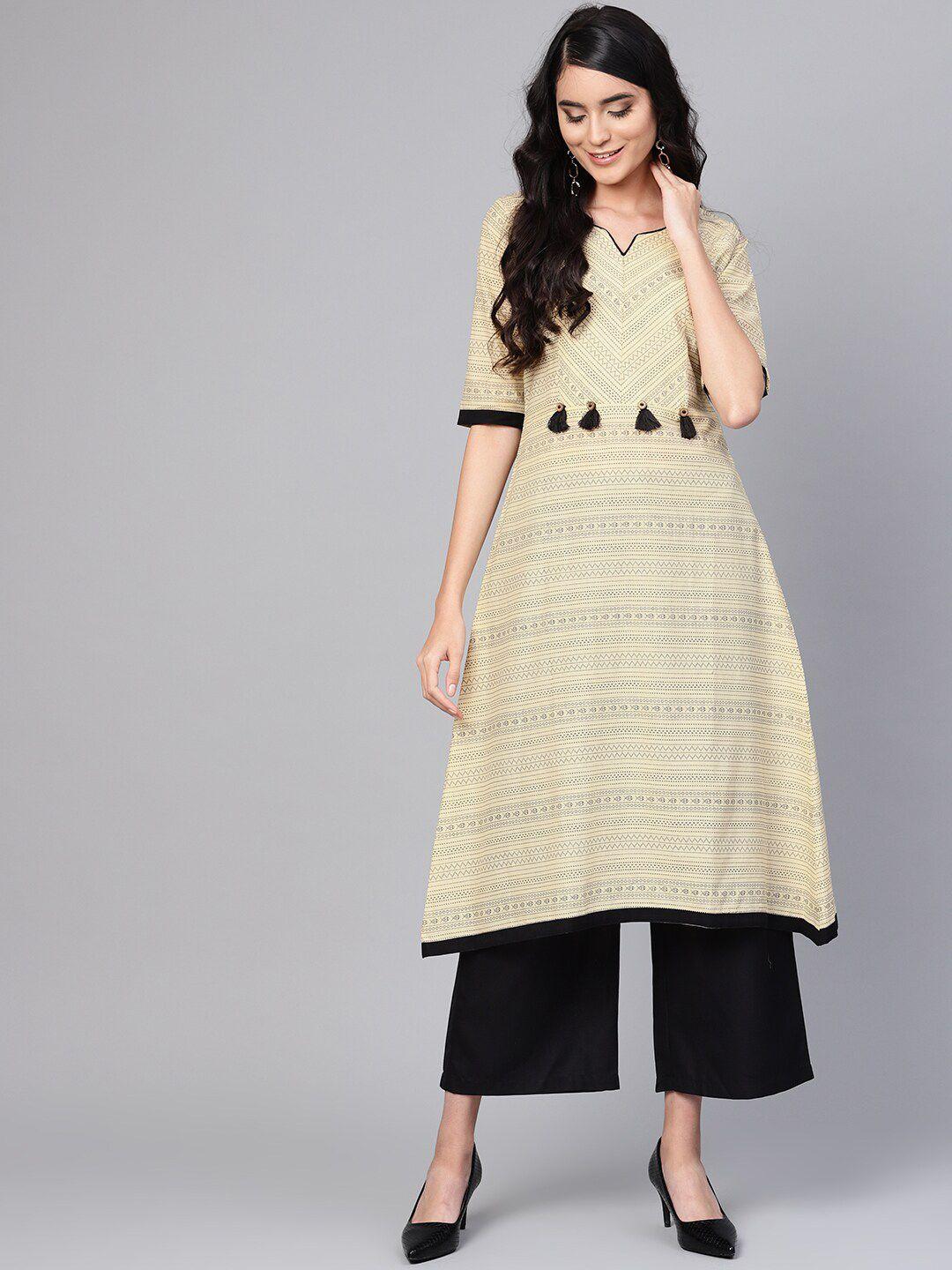 indo era women cream-coloured geometric printed pure cotton a-line kurta