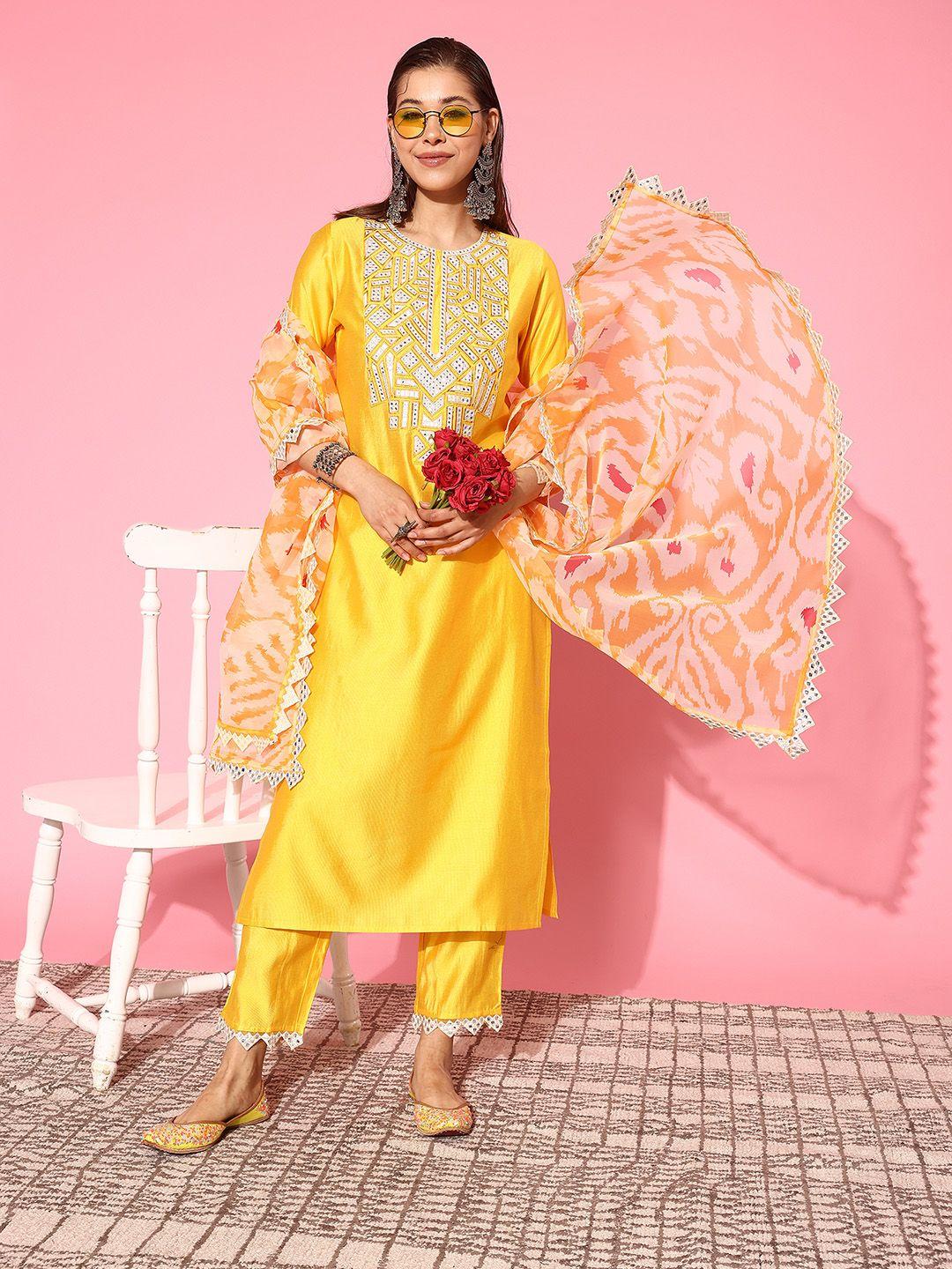 indo era women embroidered regular mirror work liva kurta with trousers & with dupatta