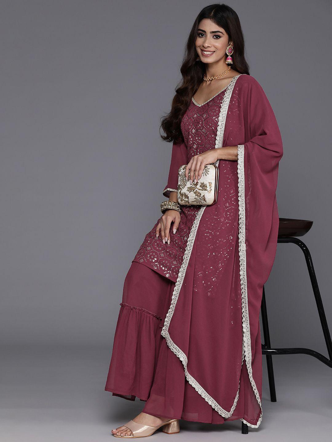 indo era women embroidered straight sequinned kurta with sharara & with dupatta