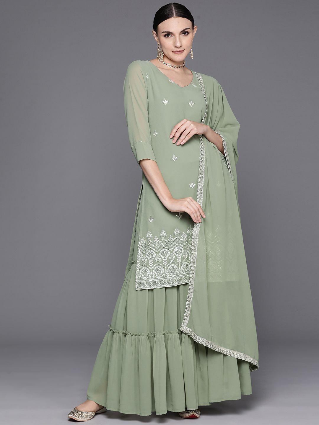 indo era women ethnic motifs embroidered regular kurta with sharara & with dupatta